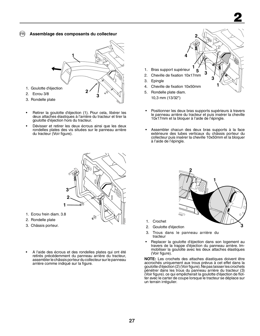 Husqvarna CTH171, CTH172 Assemblage des composants du collecteur, Goulotte déjection Ecrou 3/8 Rondelle plate, Epingle 