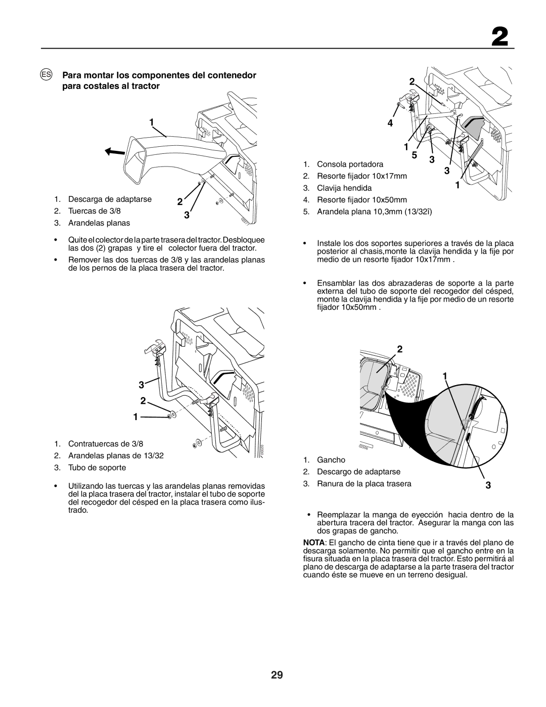 Husqvarna CTH191, CTH171 Descarga de adaptarse Tuercas de 3/8 Arandelas planas, Arandelas planas de 13/32, Clavija hendida 