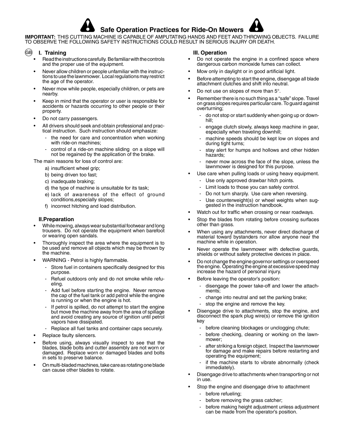 Husqvarna CTH171, CTH172, CTH191 instruction manual Safety Rules, Training, II.Preparation, III. Operation 