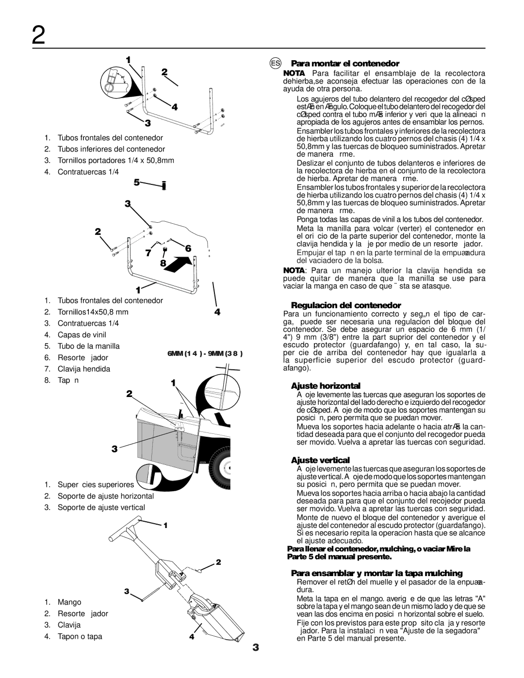 Husqvarna CTH171, CTH172, CTH191 Para montar el contenedor, Regulacion del contenedor, Ajuste horizontal, Ajuste vertical 