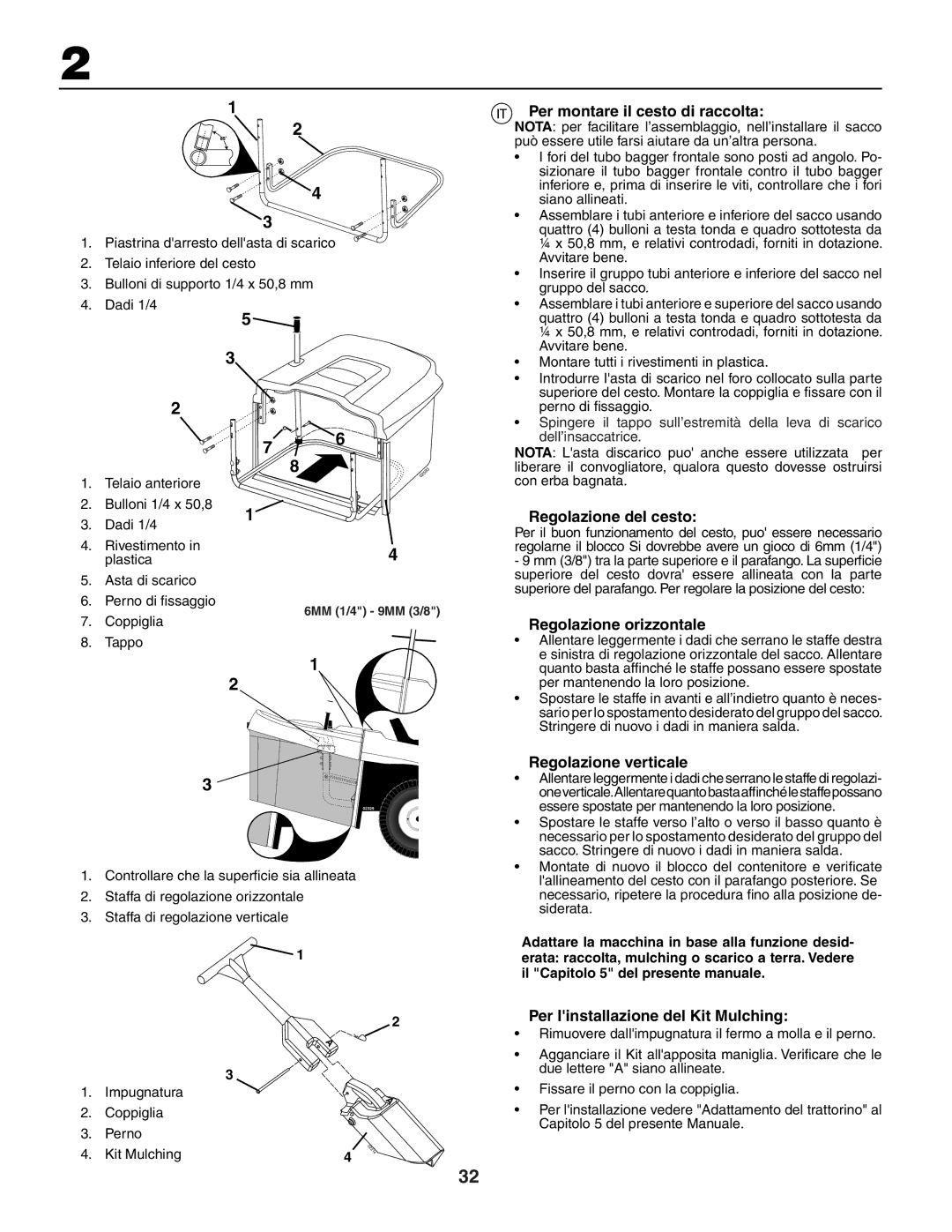 Husqvarna CTH191 Per montare il cesto di raccolta, Regolazione del cesto, Regolazione orizzontale, Regolazione verticale 