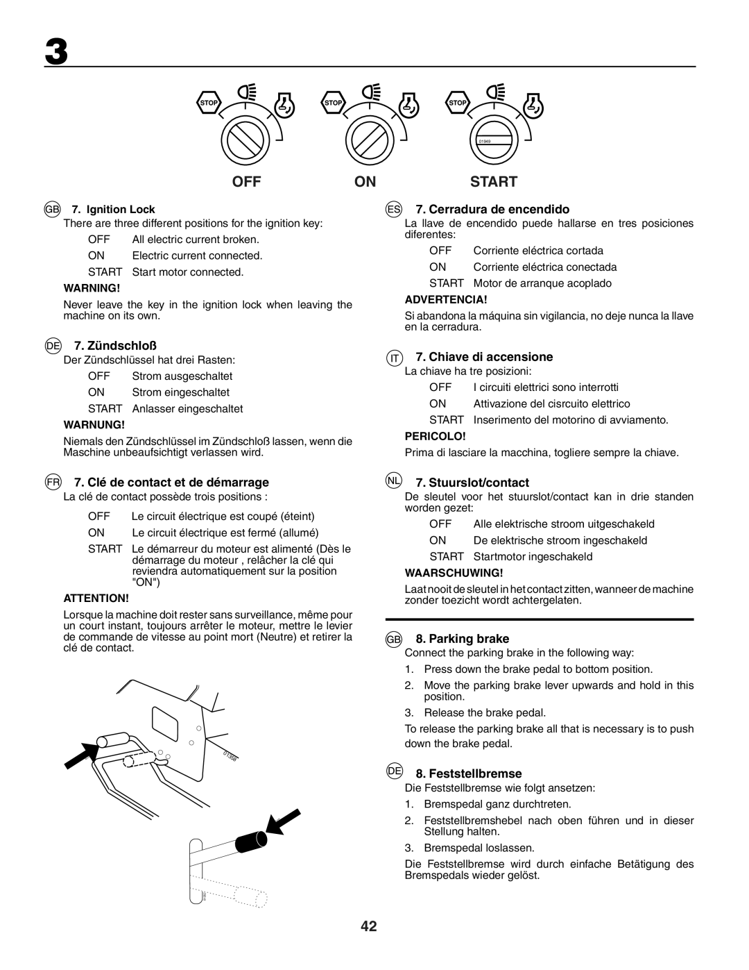 Husqvarna CTH171 Zündschloß, Cerradura de encendido, Chiave di accensione, Clé de contact et de démarrage, Parking brake 