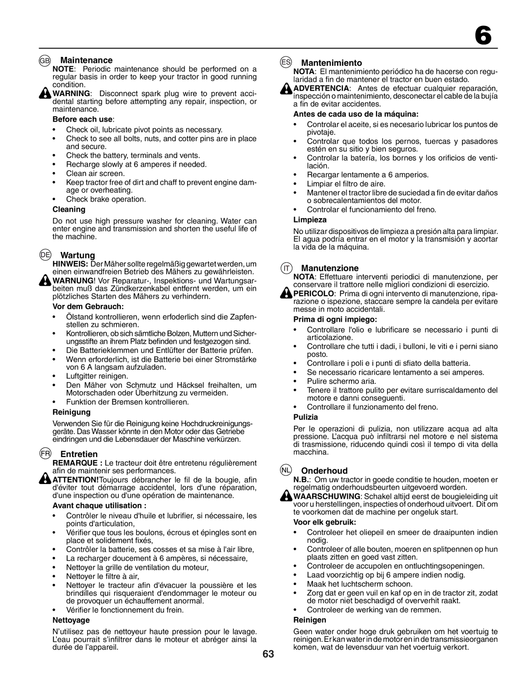 Husqvarna CTH171, CTH172, CTH191 instruction manual Maintenance, Wartung, Entretien, Mantenimiento, Manutenzione, Onderhoud 