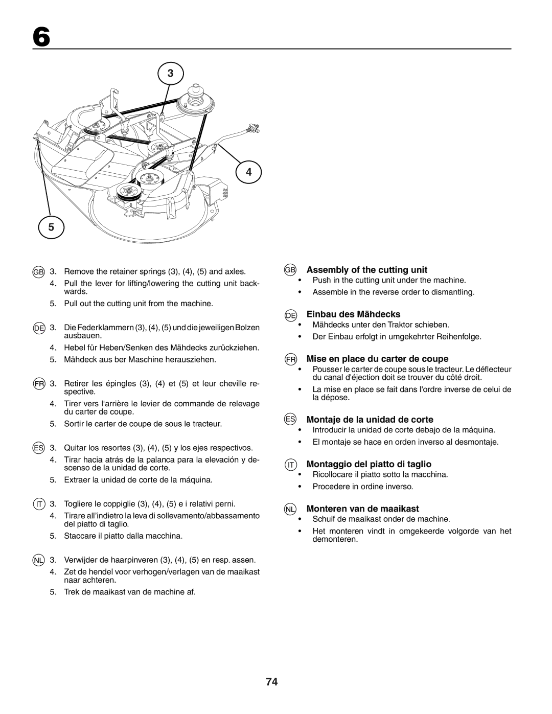 Husqvarna CTH191, CTH171, CTH172 Assembly of the cutting unit, Einbau des Mähdecks, Mise en place du carter de coupe 