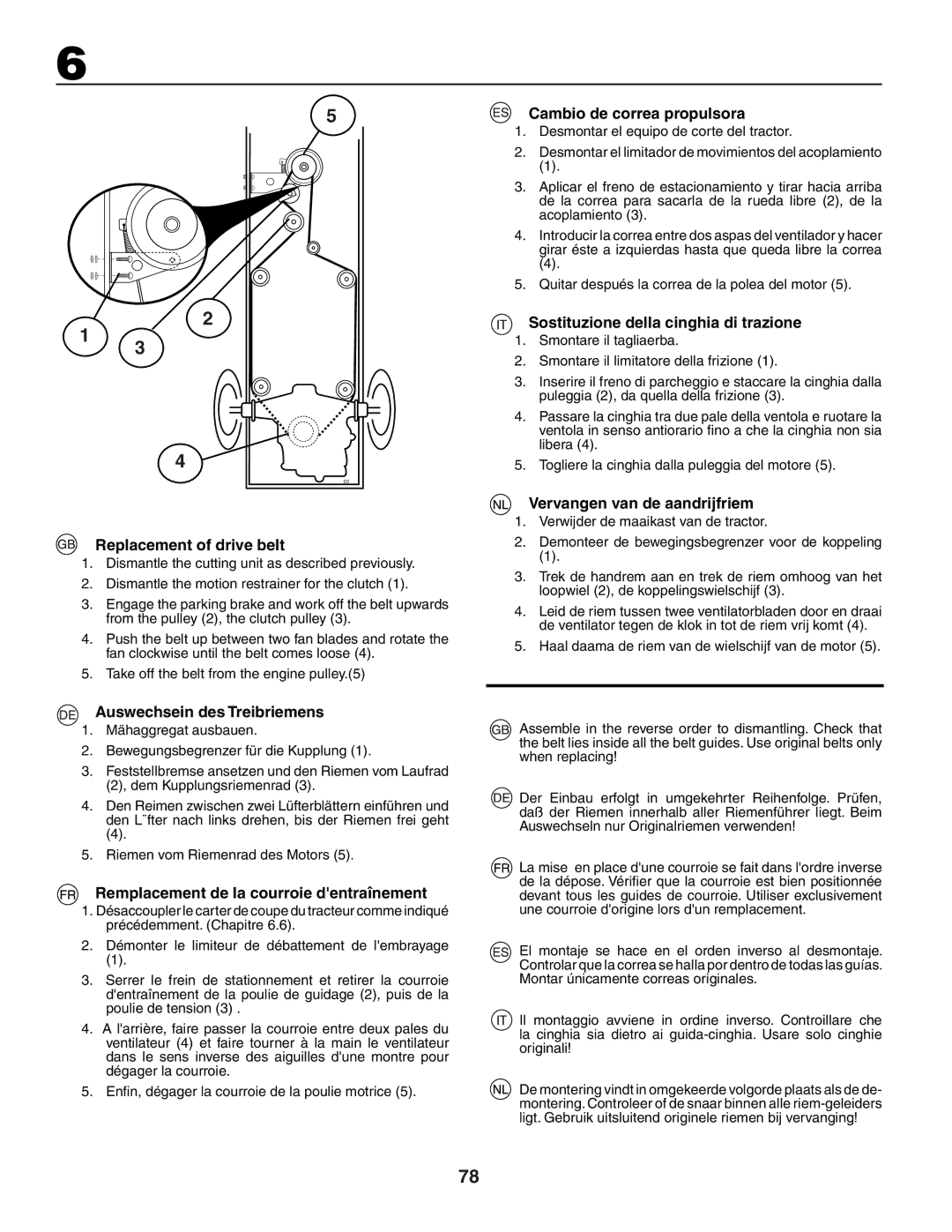 Husqvarna CTH171, CTH172 Cambio de correa propulsora, Sostituzione della cinghia di trazione, Auswechsein des Treibriemens 