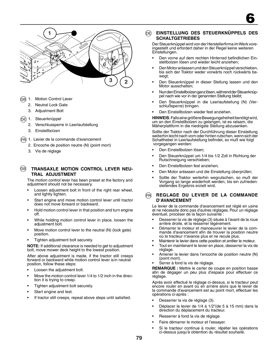 Husqvarna CTH172 Transaxle Motion Control Lever NEU- Tral Adjustment, Einstellung DES Steuerknüppels DES Schaltgetriebes 