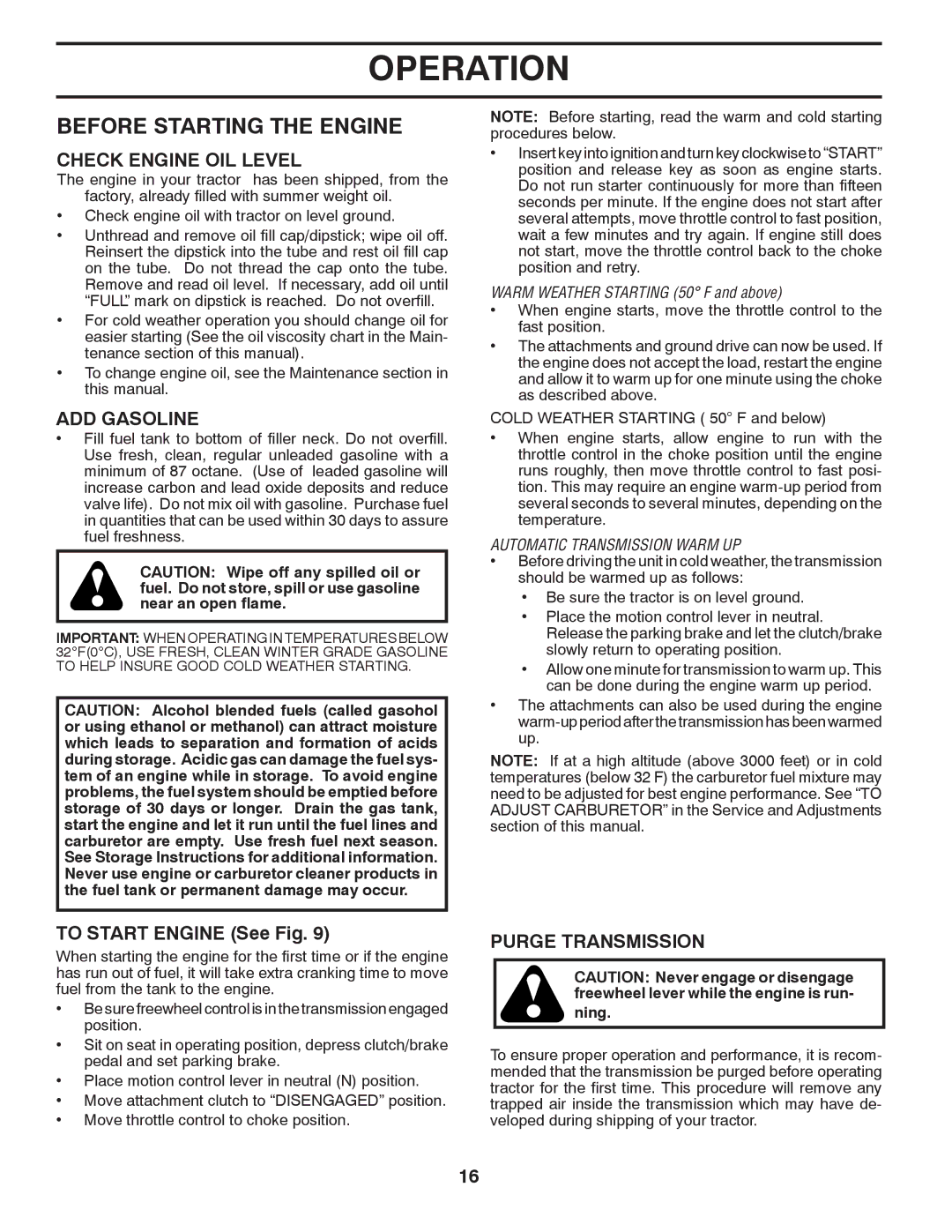 Husqvarna CTH1736 owner manual Before Starting the Engine, Check Engine OIL Level, ADD Gasoline, To Start Engine See Fig 