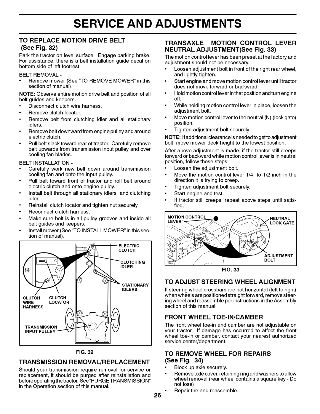 Husqvarna CTH1736 Transmission REMOVAL/REPLACEMENT, To Adjust Steering Wheel Alignment, Front Wheel TOE-IN/CAMBER 