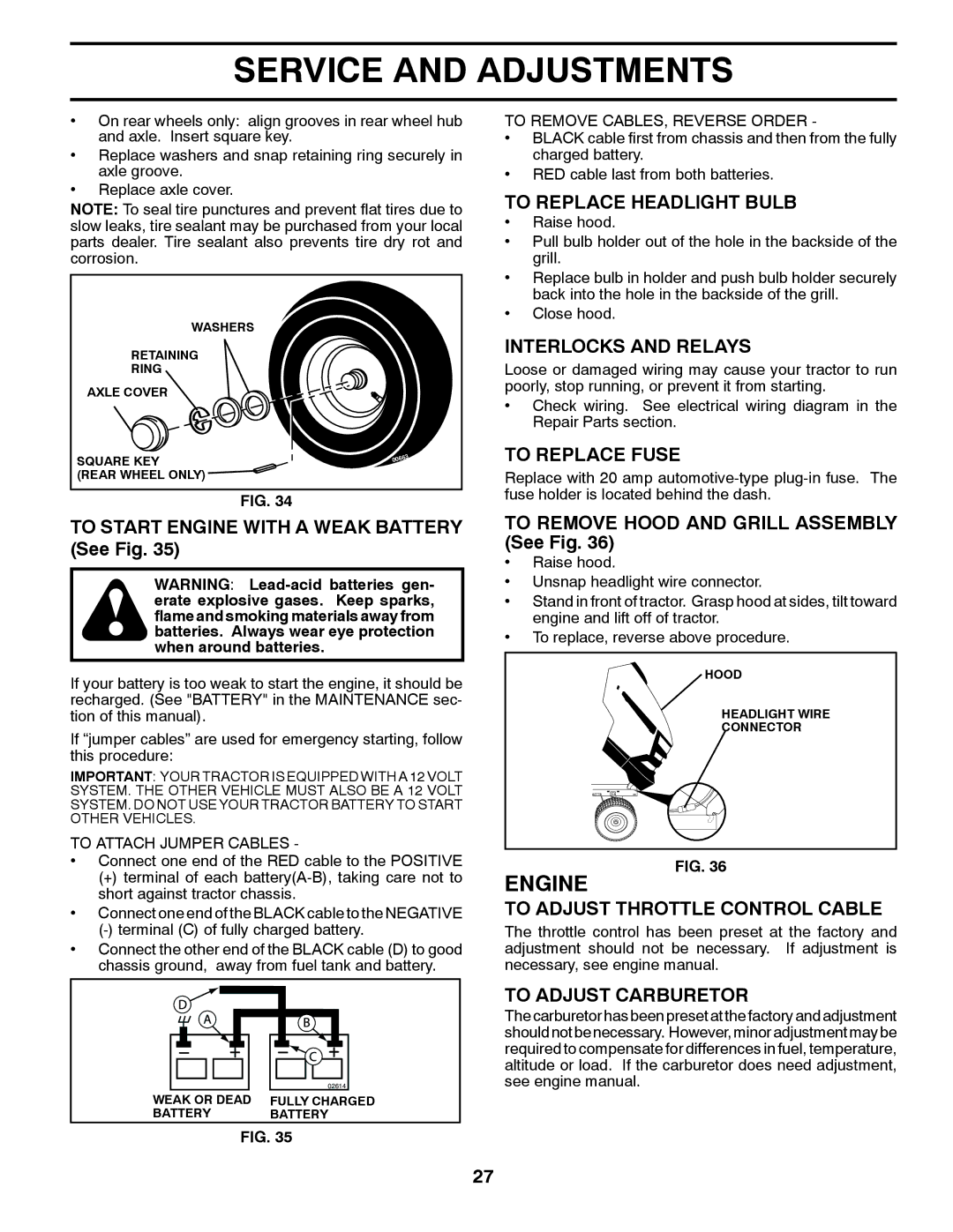 Husqvarna CTH1736 To Replace Headlight Bulb, Interlocks and Relays, To Replace Fuse, To Adjust Throttle Control Cable 