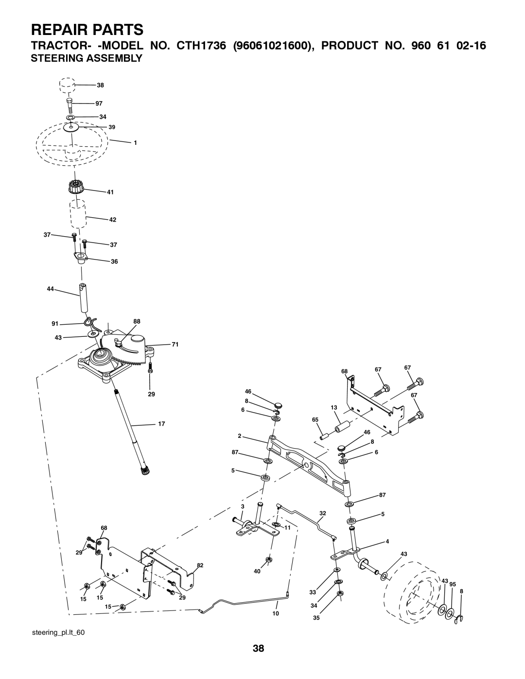 Husqvarna CTH1736 owner manual Steering Assembly 