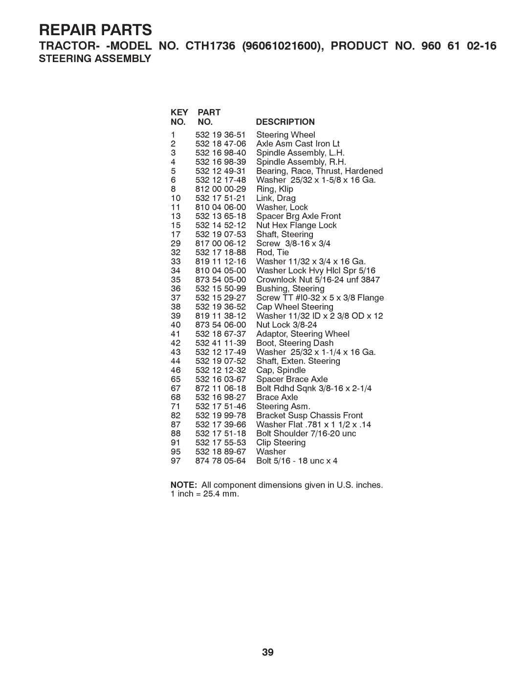 Husqvarna CTH1736 owner manual 532 19 Steering Wheel 