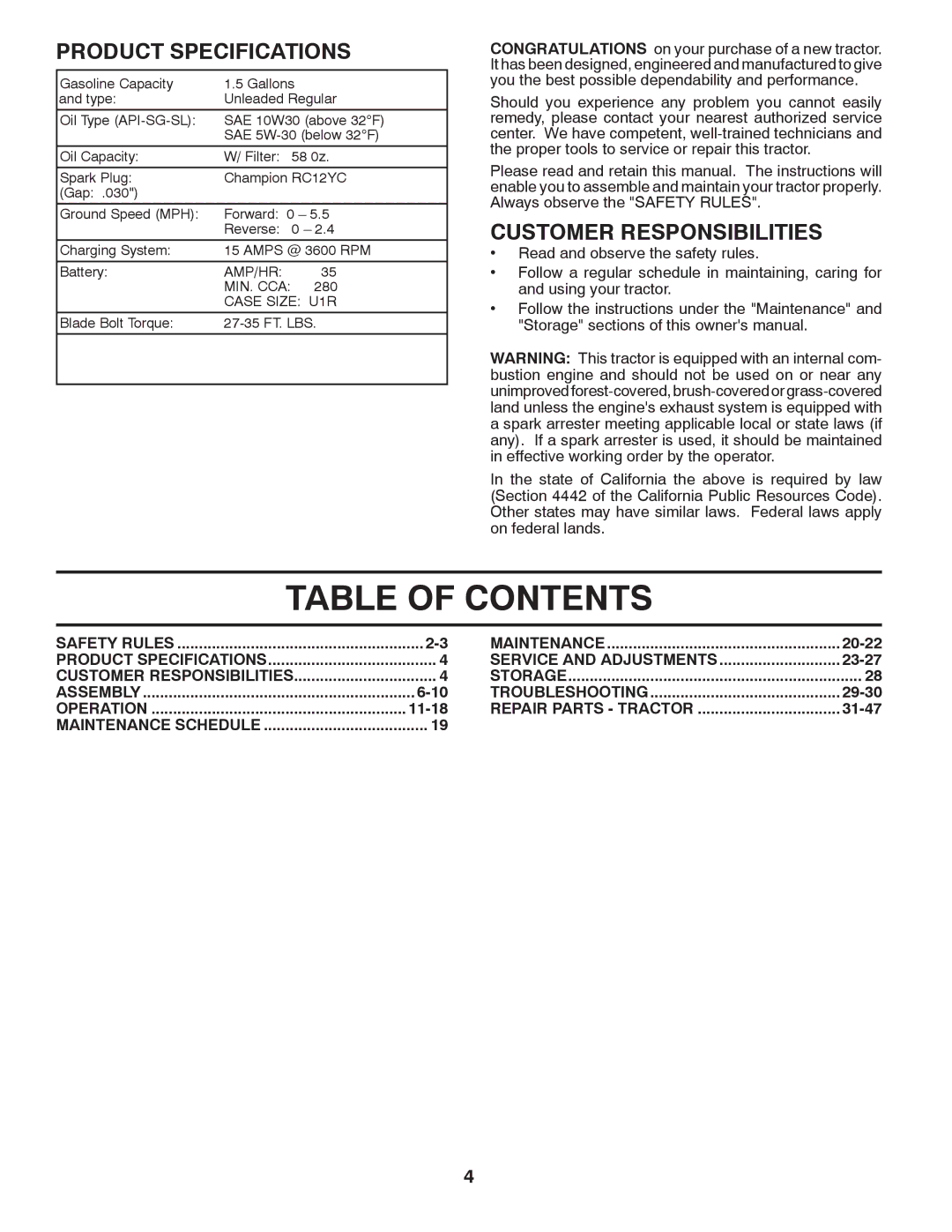 Husqvarna CTH1736 owner manual Table of Contents 