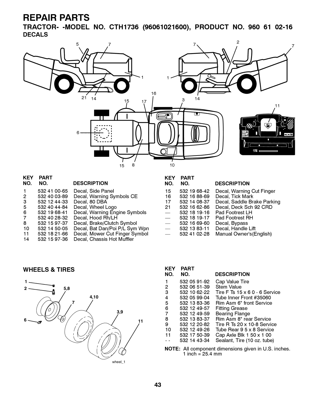 Husqvarna CTH1736 owner manual Decals, Wheels & Tires 