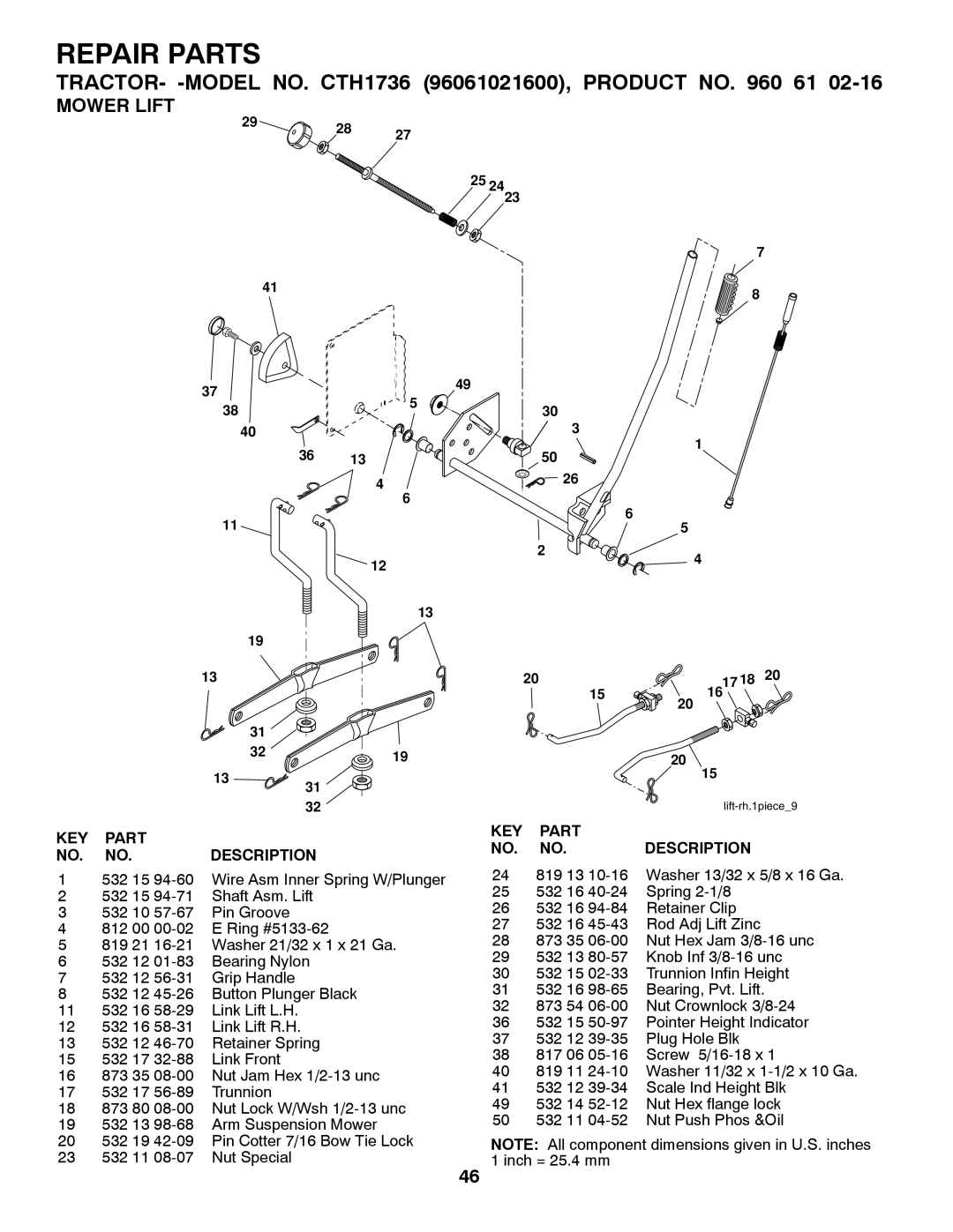 Husqvarna CTH1736 owner manual Mower Lift 