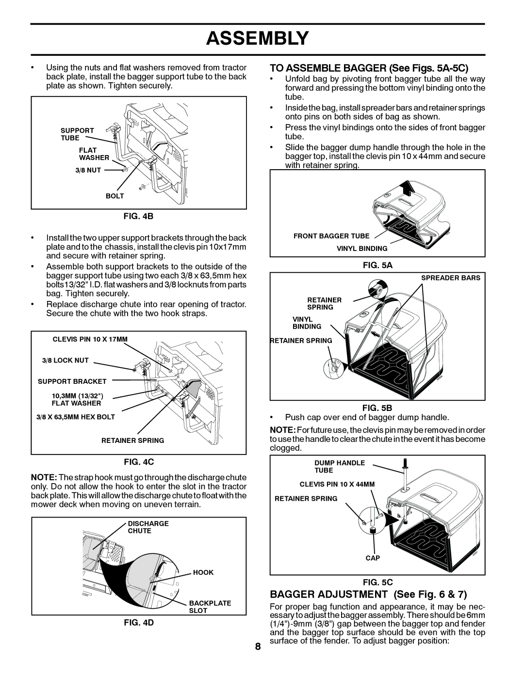 Husqvarna CTH1736 owner manual To Assemble Bagger See Figs A-5C, Bagger Adjustment See 