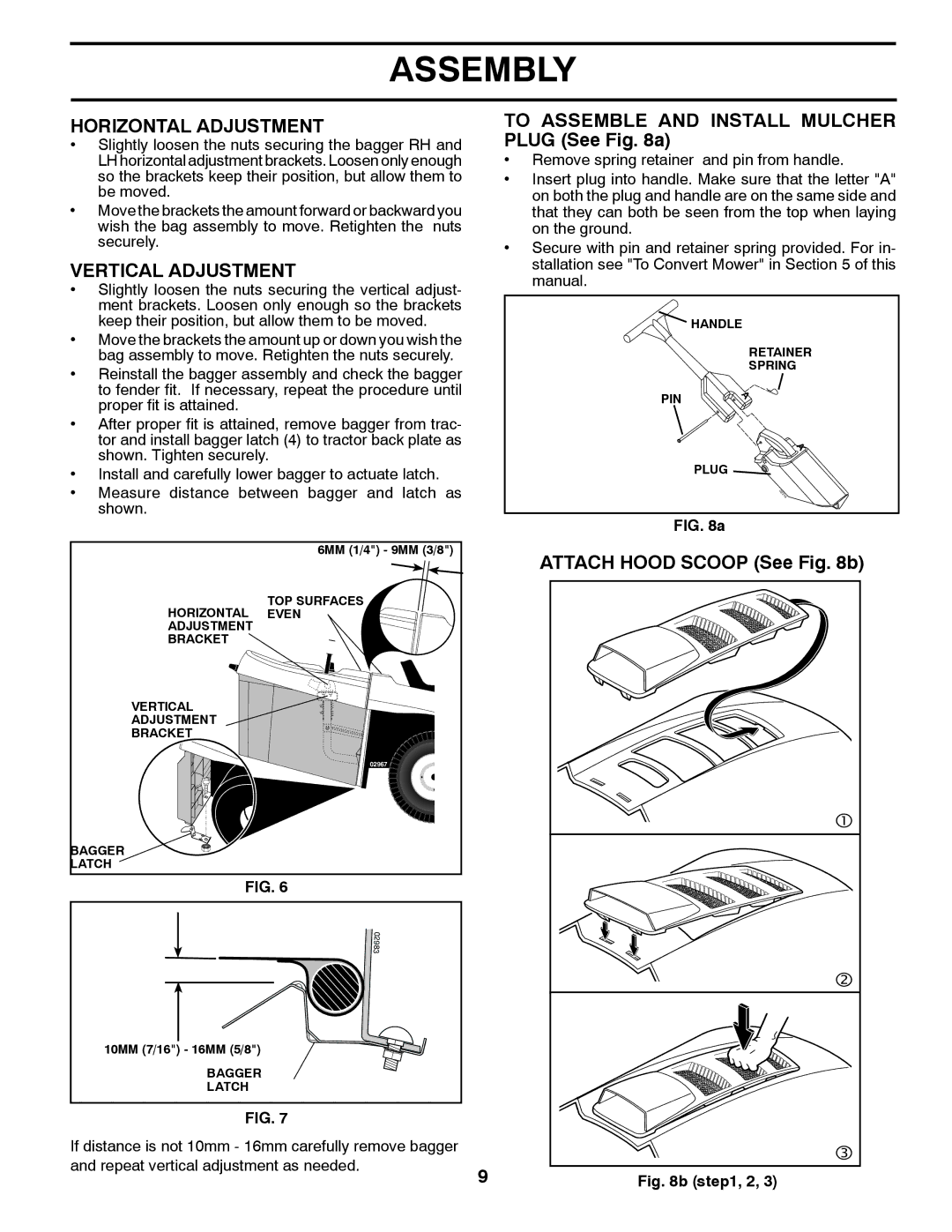 Husqvarna CTH1736 owner manual Horizontal Adjustment, Vertical Adjustment, To Assemble and Install Mulcher Plug See a 