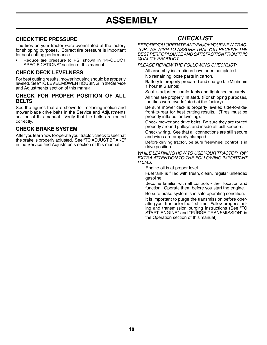 Husqvarna CTH180 XP 02764 owner manual Check Tire Pressure, Check Deck Levelness, Check for Proper Position of ALL Belts 