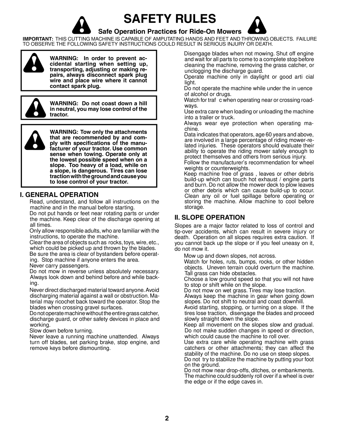 Husqvarna CTH180 XP 02764 owner manual Safety Rules, Safe Operation Practices for Ride-On Mowers, General Operation 