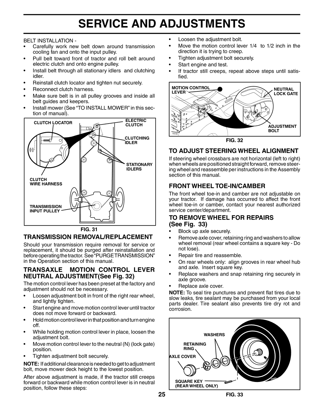 Husqvarna CTH180 XP 02764 To Adjust Steering Wheel Alignment, Front Wheel TOE-IN/CAMBER, Transmission REMOVAL/REPLACEMENT 