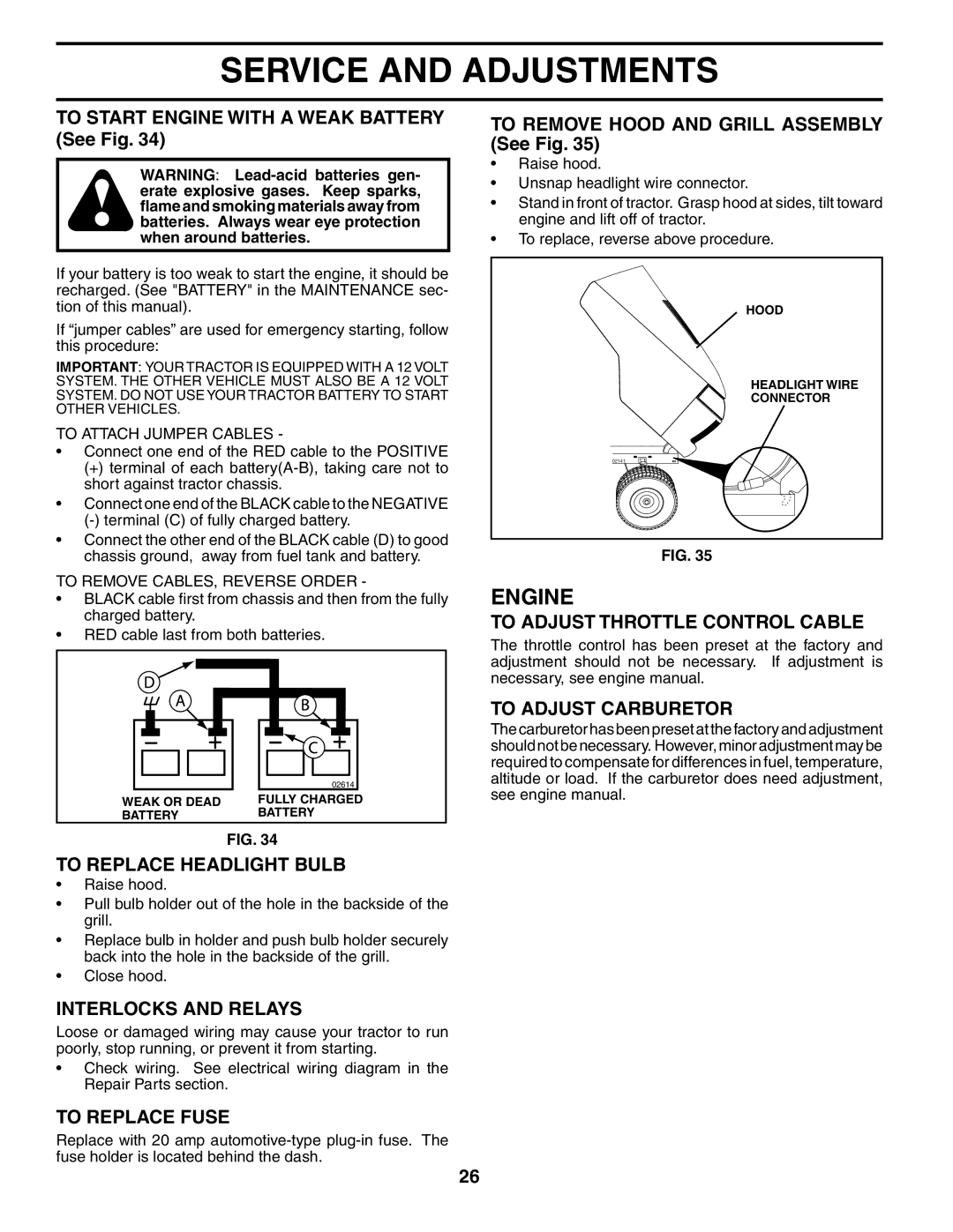 Husqvarna CTH180 XP 02764 To Replace Headlight Bulb, Interlocks and Relays, To Replace Fuse, To Adjust Carburetor 