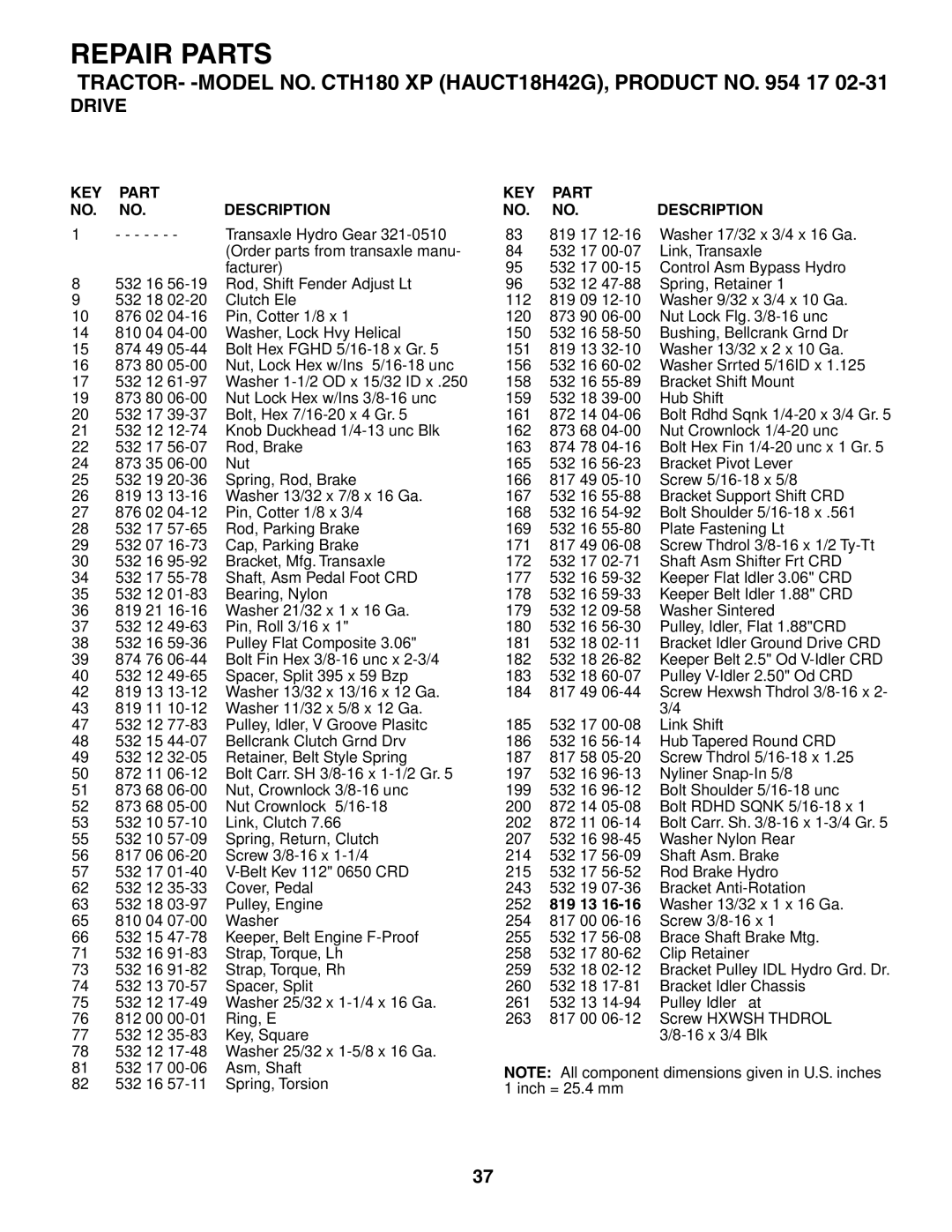 Husqvarna CTH180 XP 02764 owner manual Repair Parts 