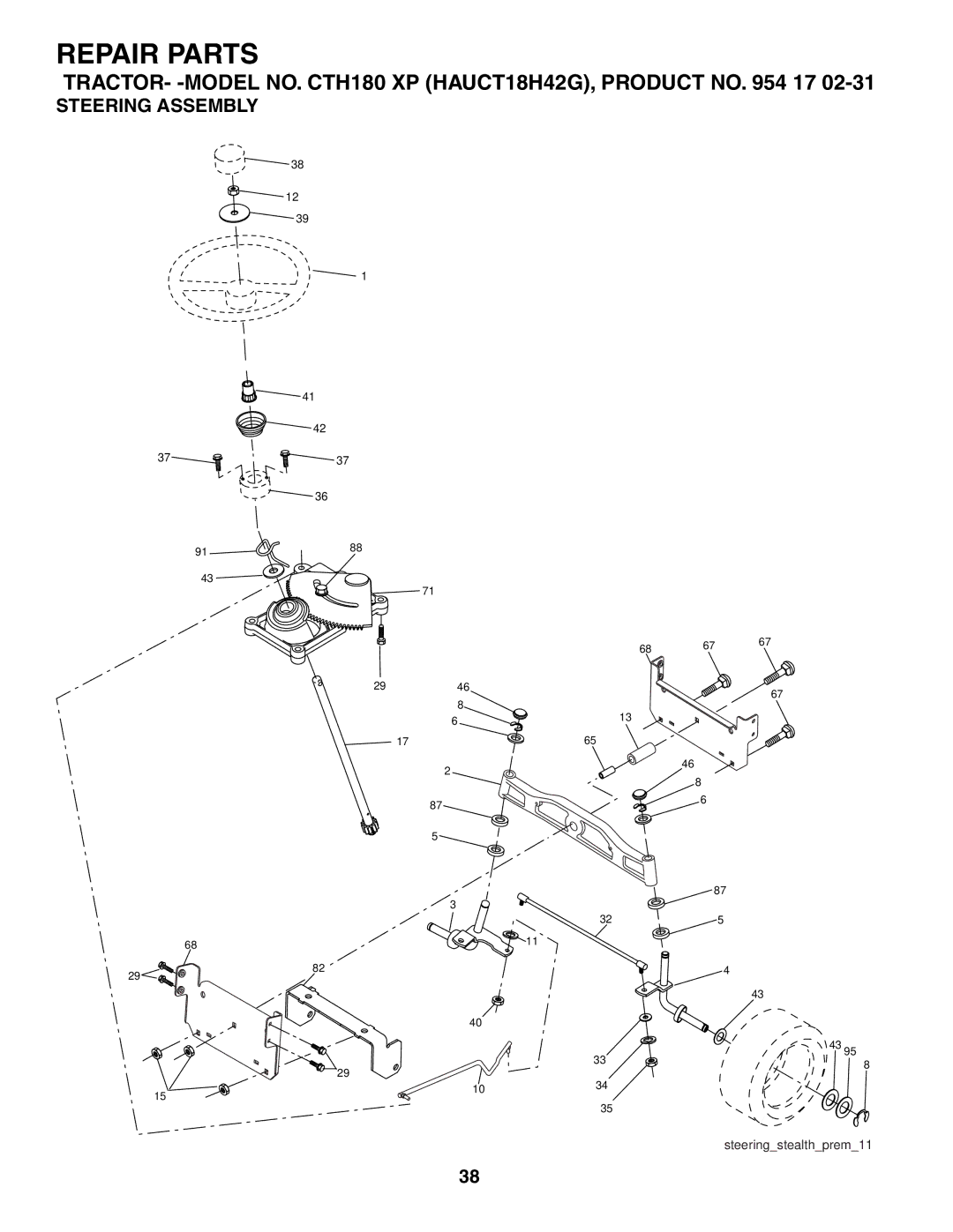 Husqvarna CTH180 XP 02764 owner manual Steering Assembly 