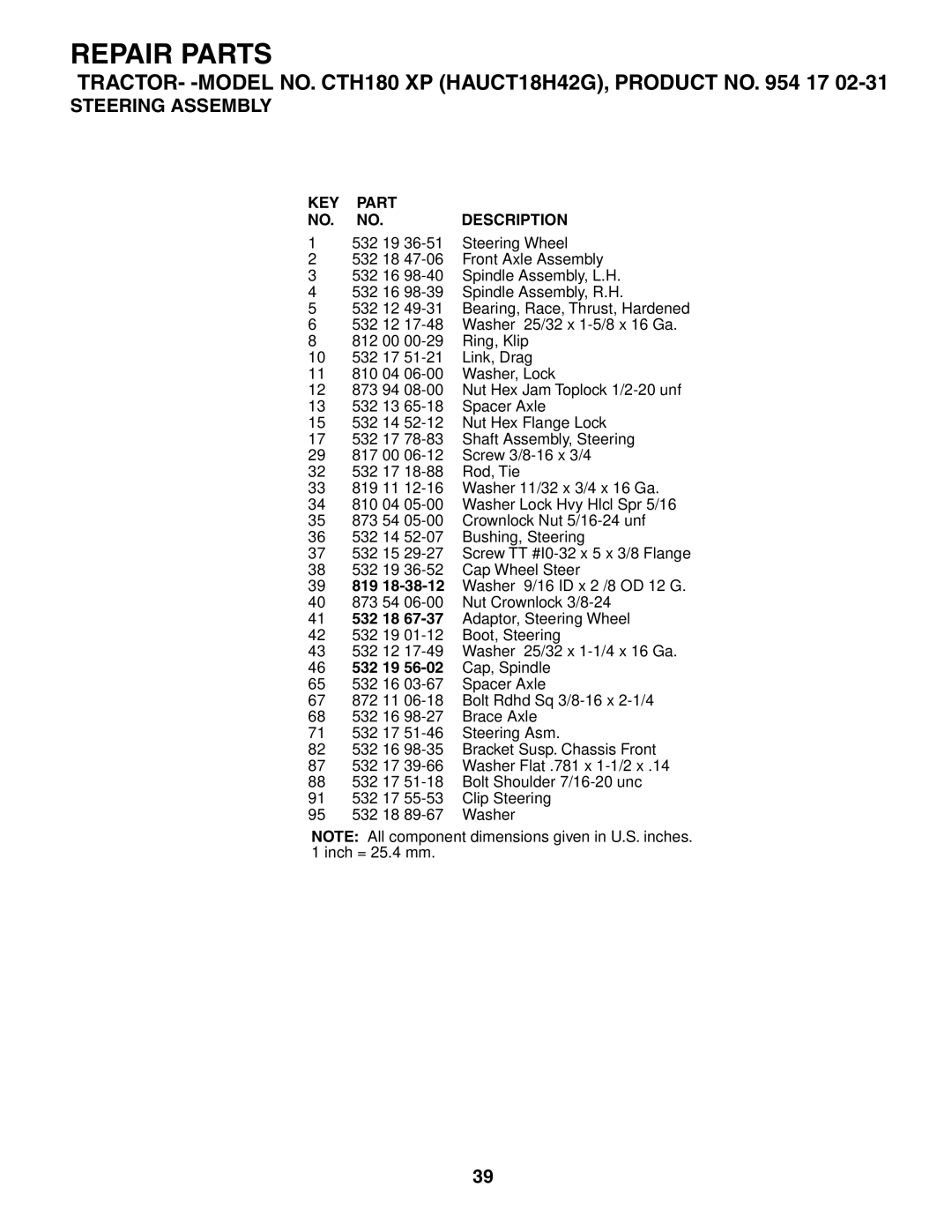 Husqvarna CTH180 XP 02764 owner manual 532 19 Steering Wheel 