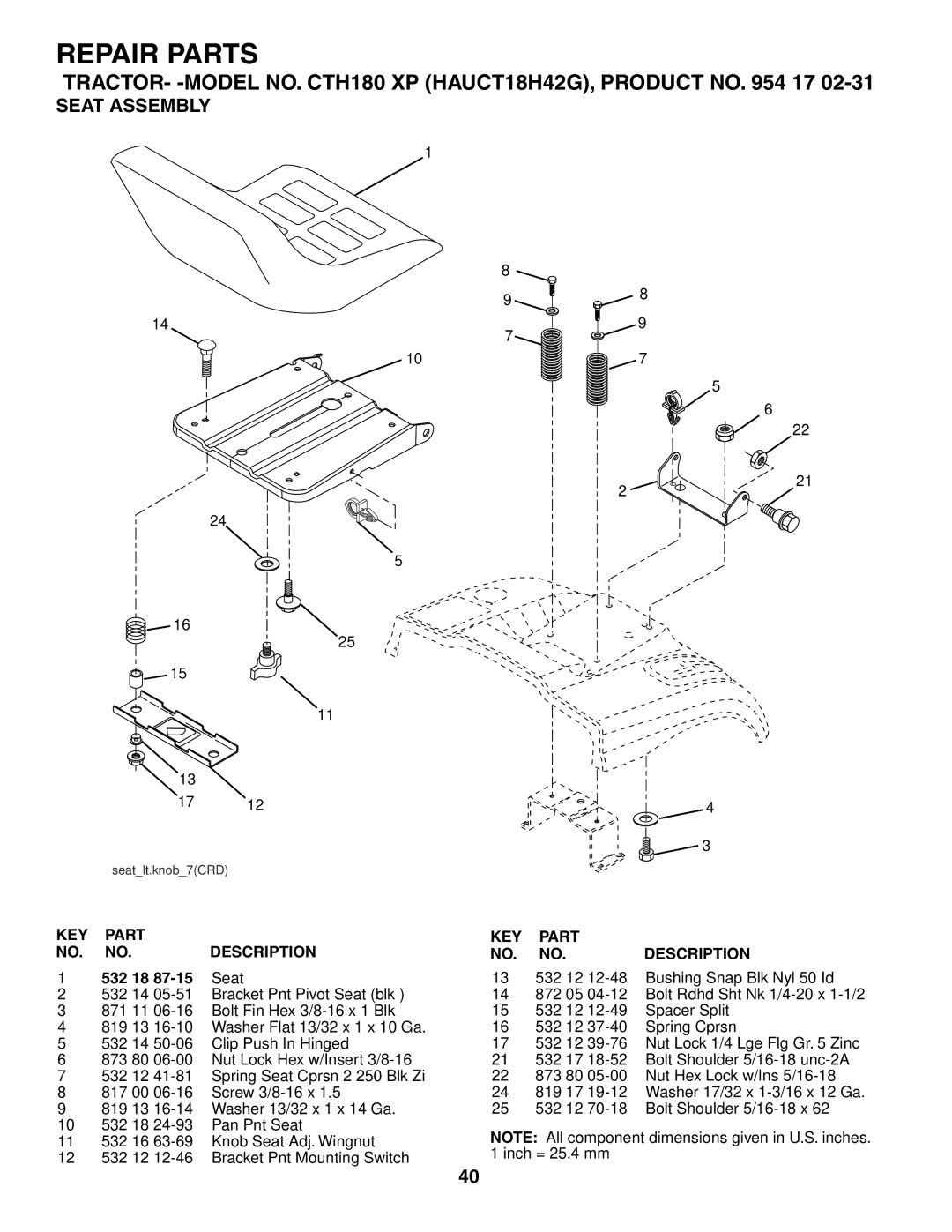 Husqvarna CTH180 XP 02764 owner manual Seat Assembly, KEY Part Description KEY Part NO. no 