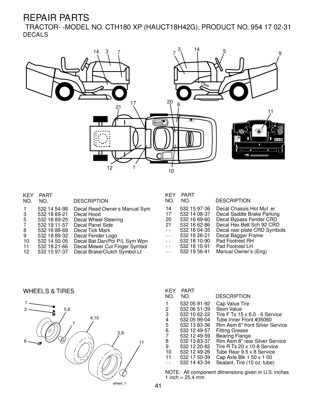 Husqvarna CTH180 XP 02764 owner manual Decals, Wheels & Tires 