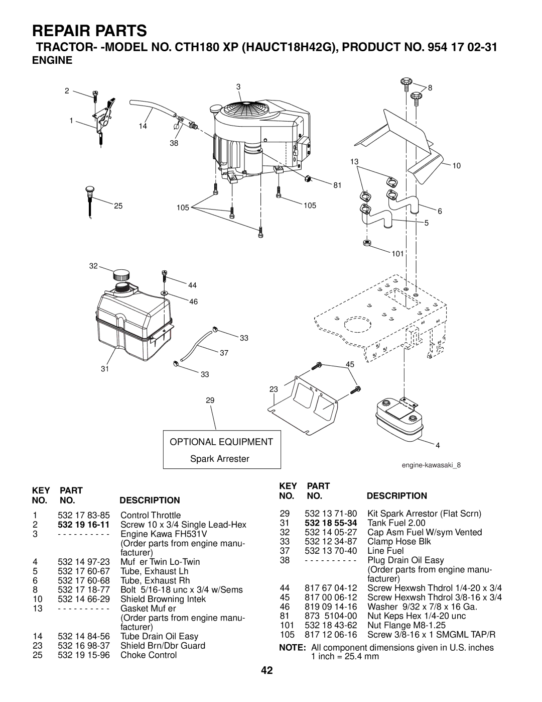 Husqvarna CTH180 XP 02764 owner manual Engine, Optional Equipment 