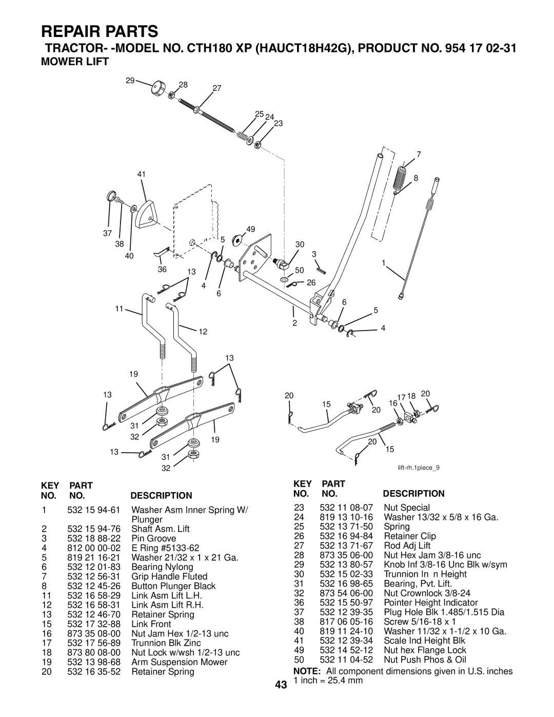 Husqvarna CTH180 XP 02764 owner manual Mower Lift 