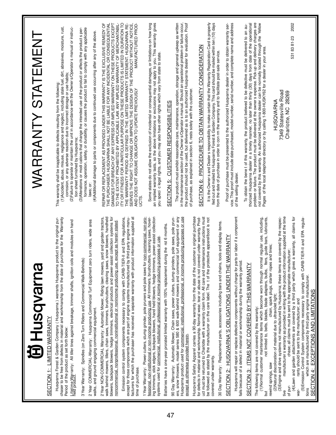 Husqvarna CTH180 XP 02764 owner manual Warranty Statement 