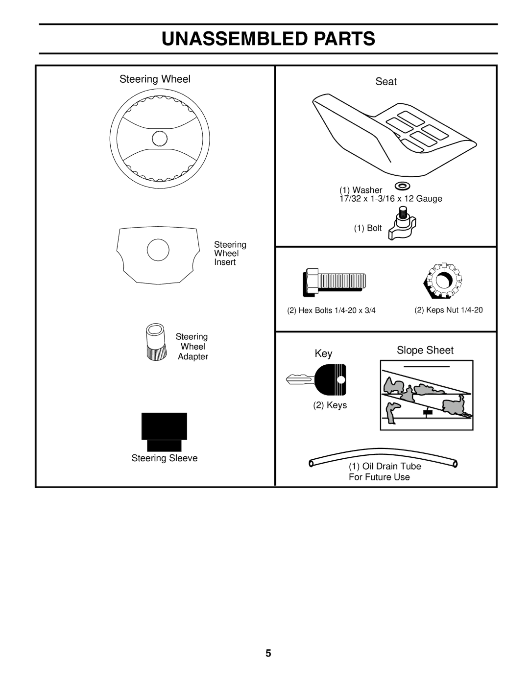 Husqvarna CTH180 XP 02764 owner manual Unassembled Parts, Steering Wheel Seat 