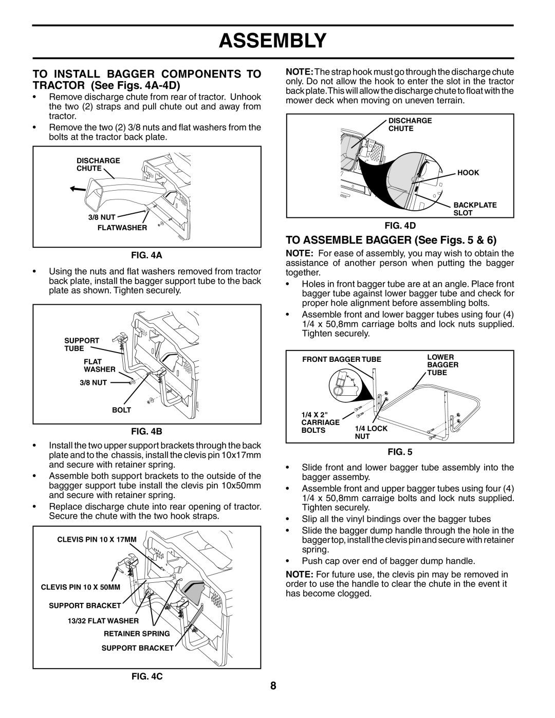 Husqvarna CTH180 XP 02764 owner manual To Install Bagger Components to Tractor See Figs A-4D, To Assemble Bagger See Figs 