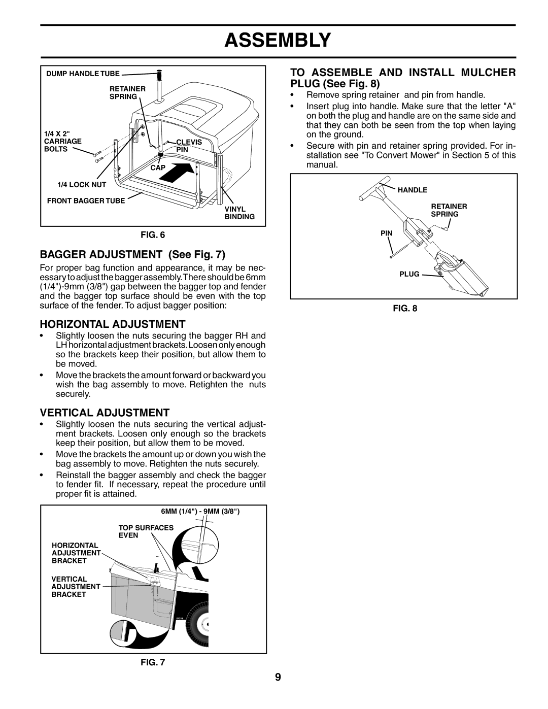 Husqvarna CTH180 XP 02764 To Assemble and Install Mulcher Plug See Fig, Bagger Adjustment See Fig, Horizontal Adjustment 