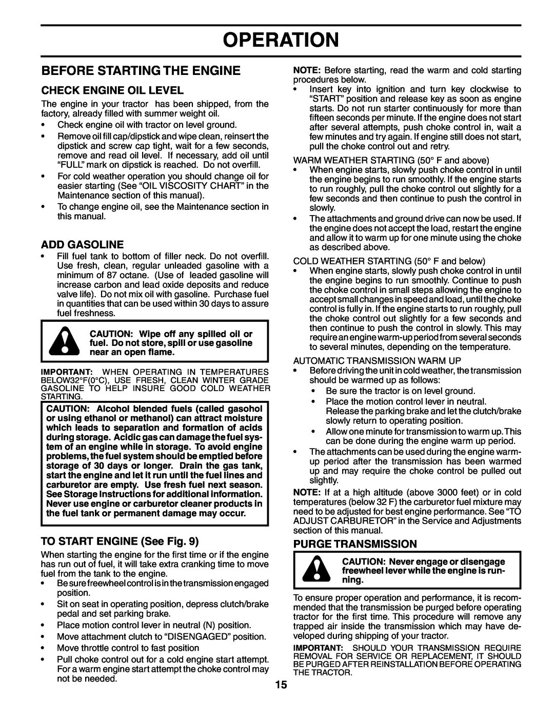 Husqvarna CTH180 XP 02764 Before Starting The Engine, Check Engine Oil Level, Add Gasoline, TO START ENGINE See Fig 