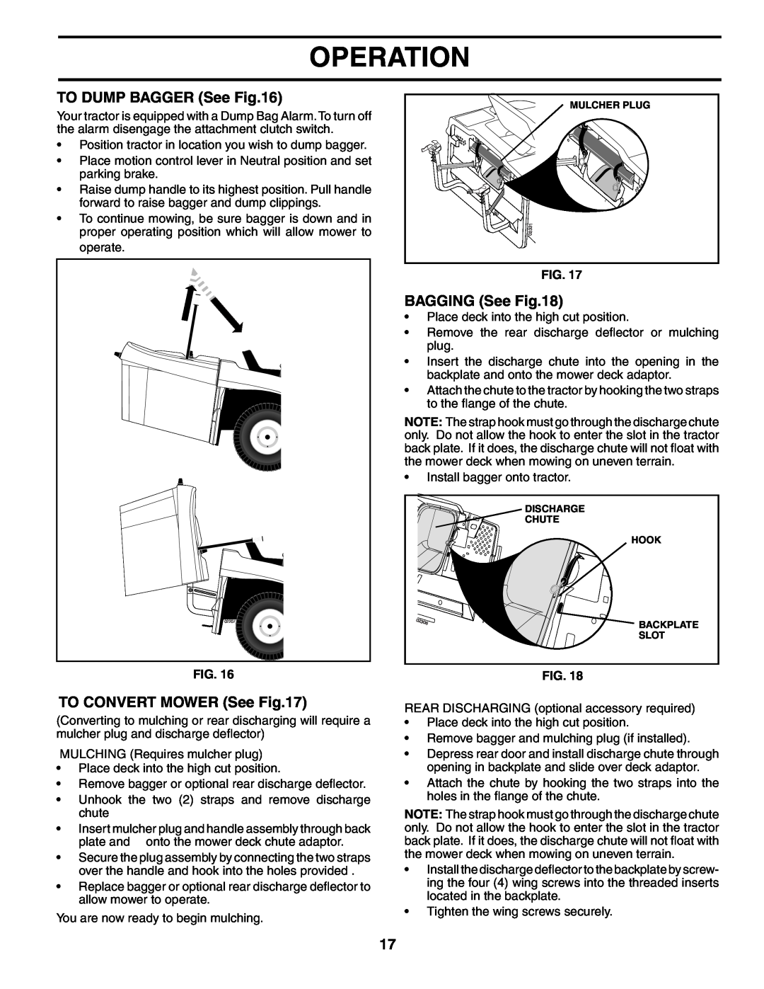 Husqvarna CTH180 XP 02764 owner manual TO DUMP BAGGER See, BAGGING See, TO CONVERT MOWER See, Operation 
