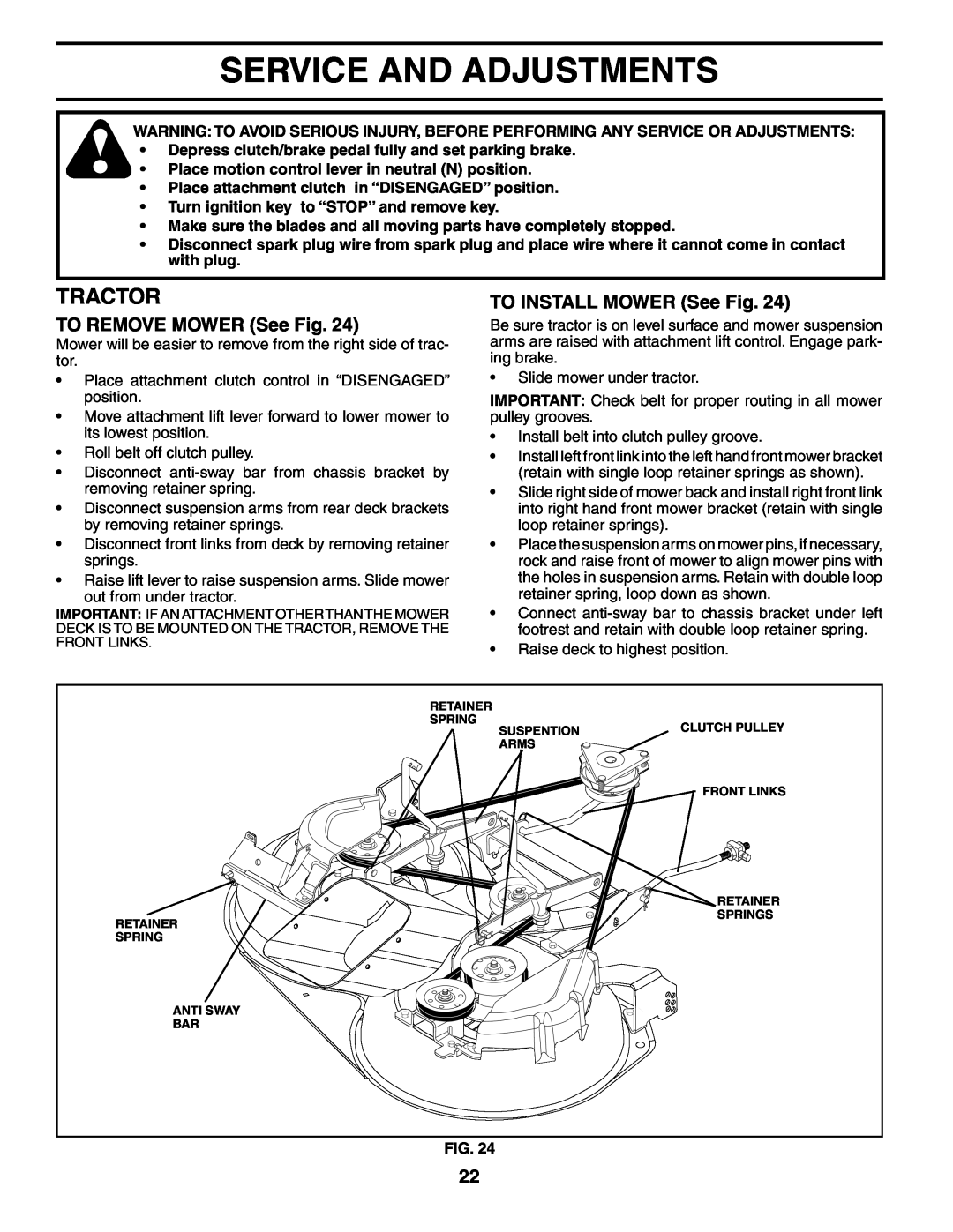 Husqvarna CTH180 XP 02764 owner manual Service And Adjustments, TO REMOVE MOWER See Fig, TO INSTALL MOWER See Fig, Tractor 