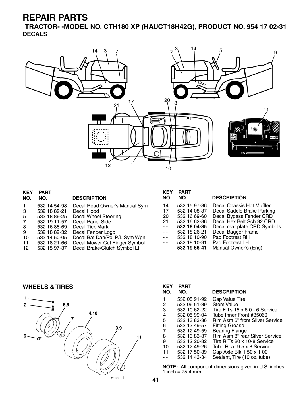 Husqvarna CTH180 XP 02764 owner manual Decals, Wheels & Tires, Repair Parts, Description, 532 19 