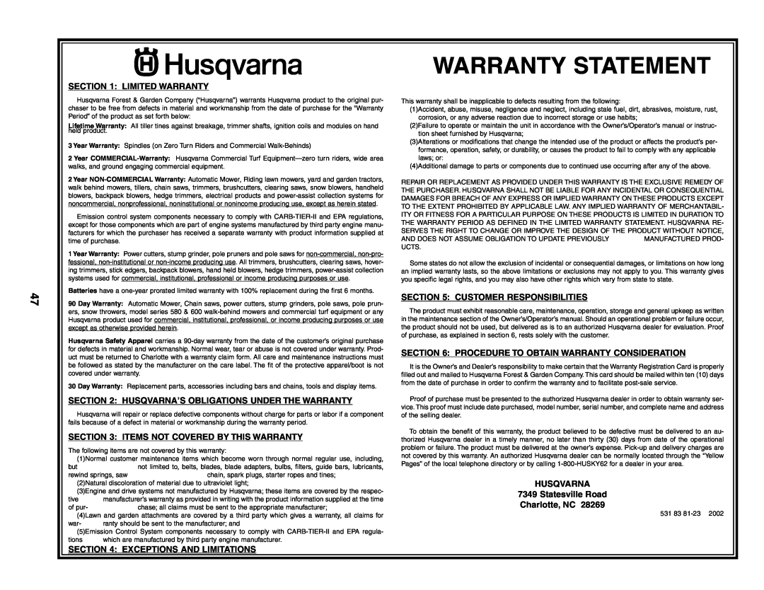 Husqvarna CTH180 XP 02764 owner manual Warranty Statement, Limited Warranty, Husqvarna’S Obligations Under The Warranty 