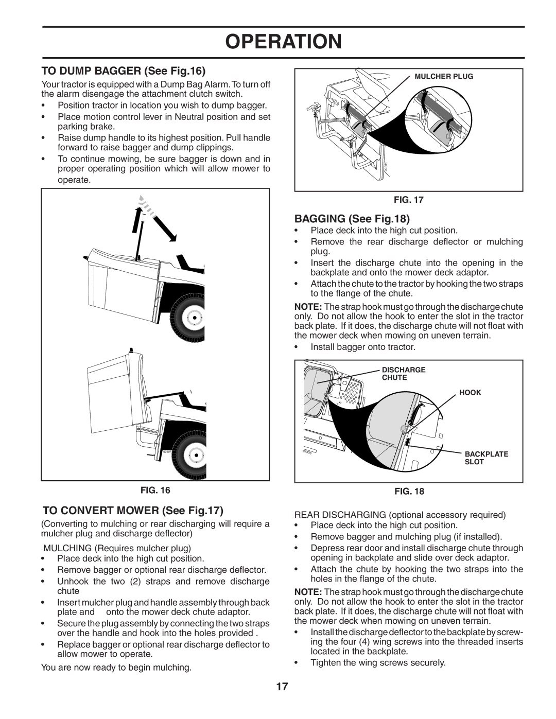 Husqvarna CTH180 XP owner manual To Dump Bagger See, Bagging See, To Convert Mower See 