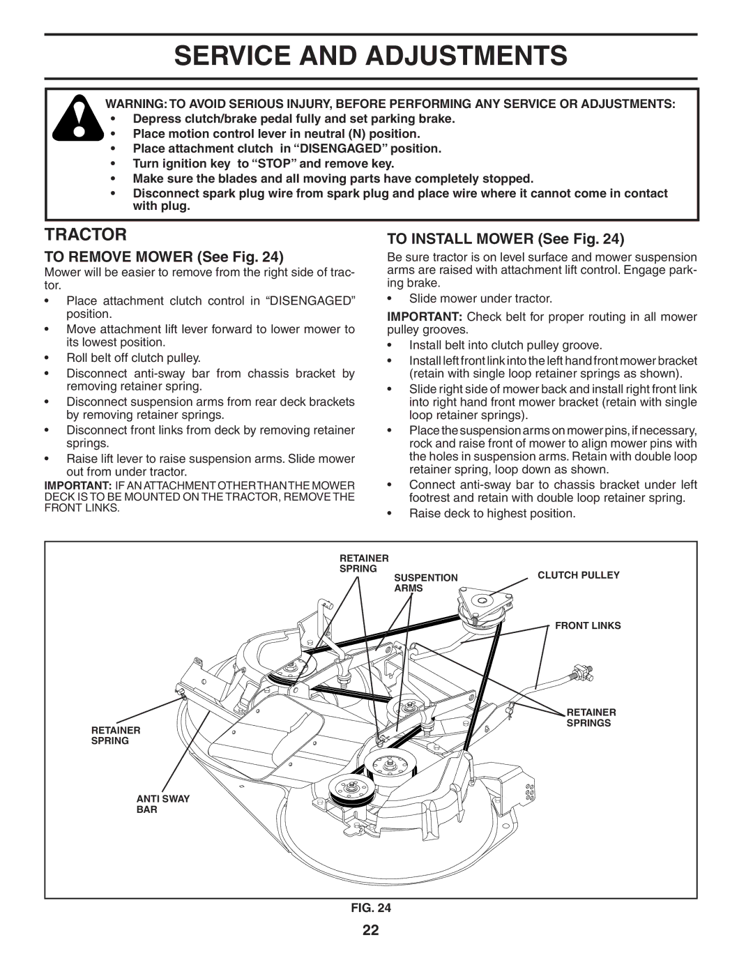 Husqvarna CTH180 XP owner manual Service and Adjustments, To Remove Mower See Fig, To Install Mower See Fig 