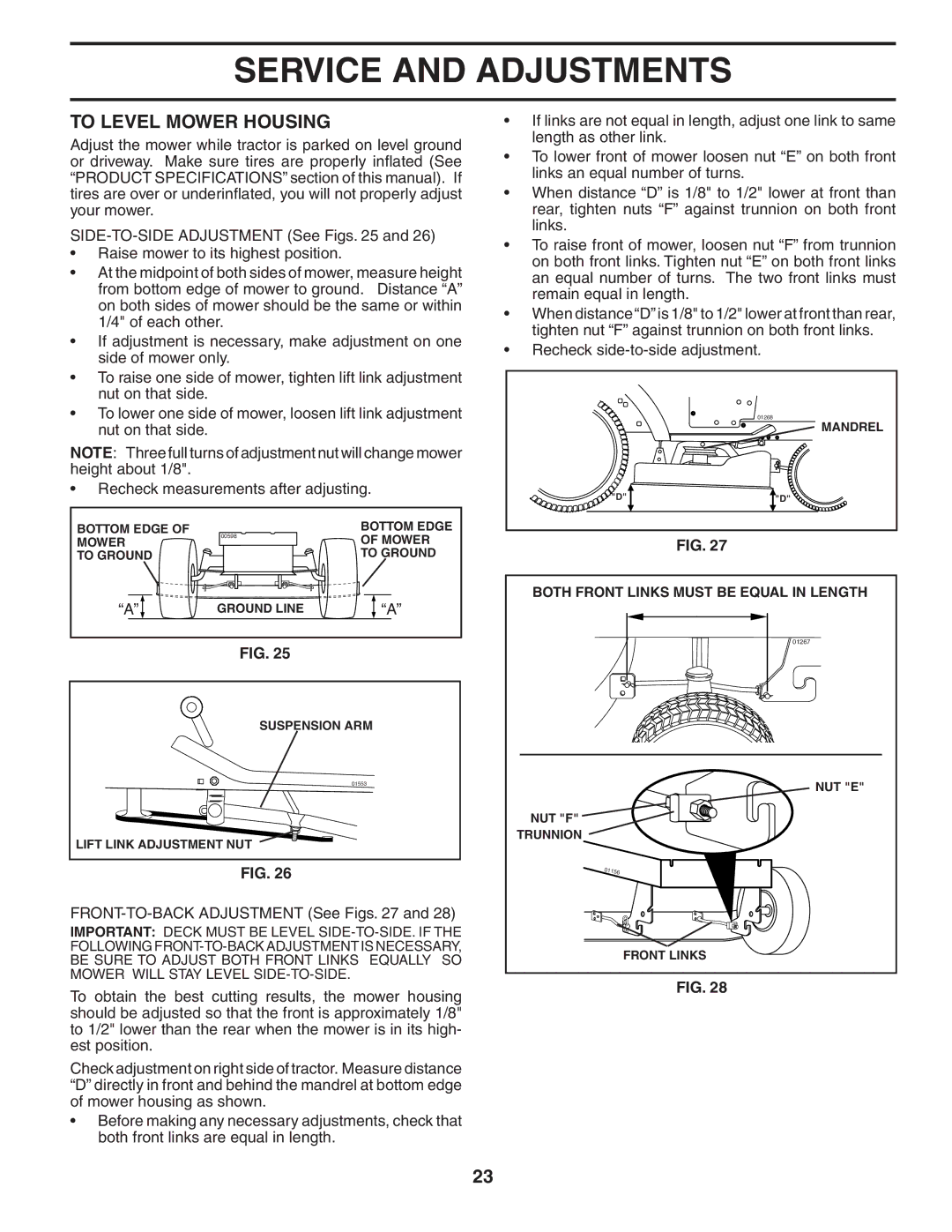 Husqvarna CTH180 XP owner manual To Level Mower Housing, FRONT-TO-BACK Adjustment See Figs 