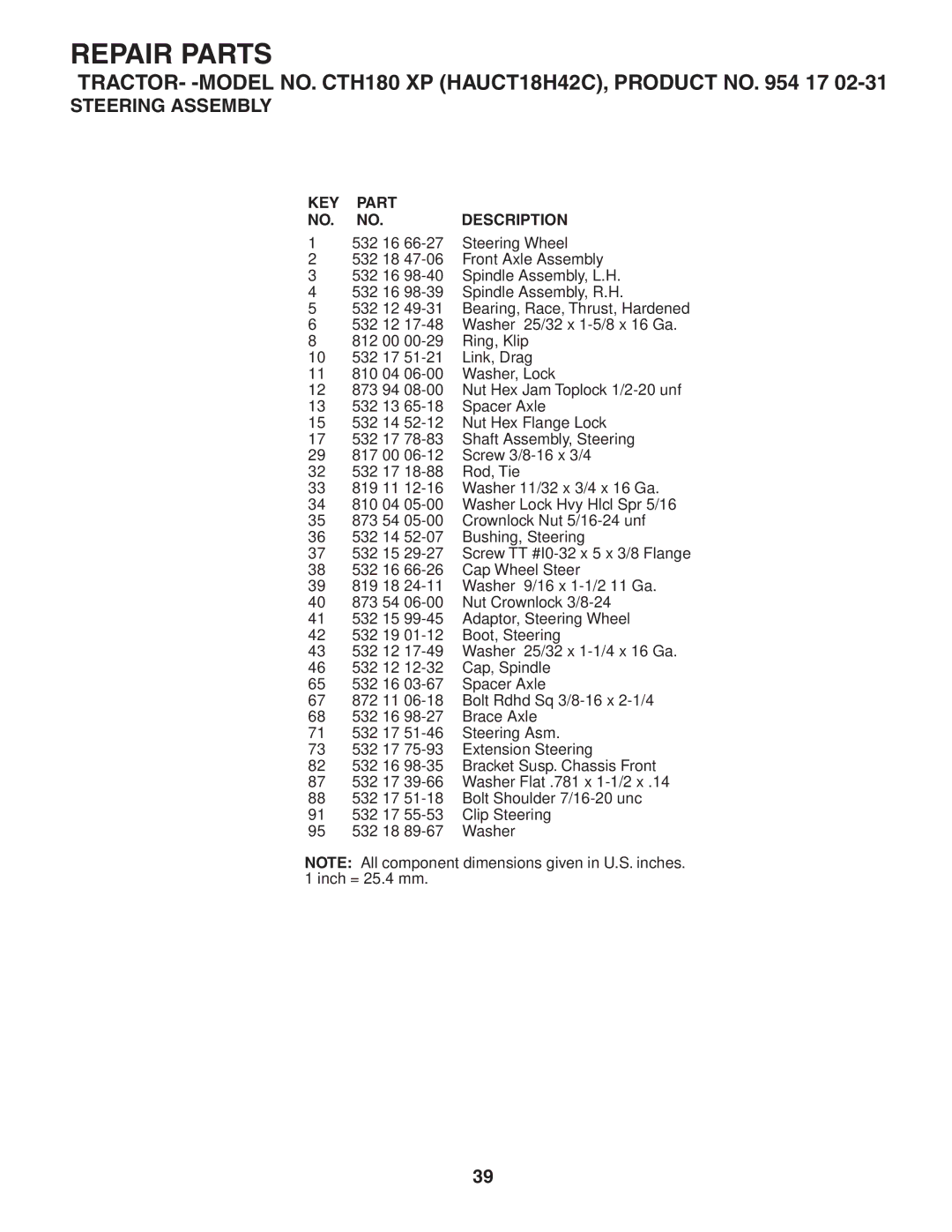 Husqvarna CTH180 XP owner manual 532 16 Steering Wheel 