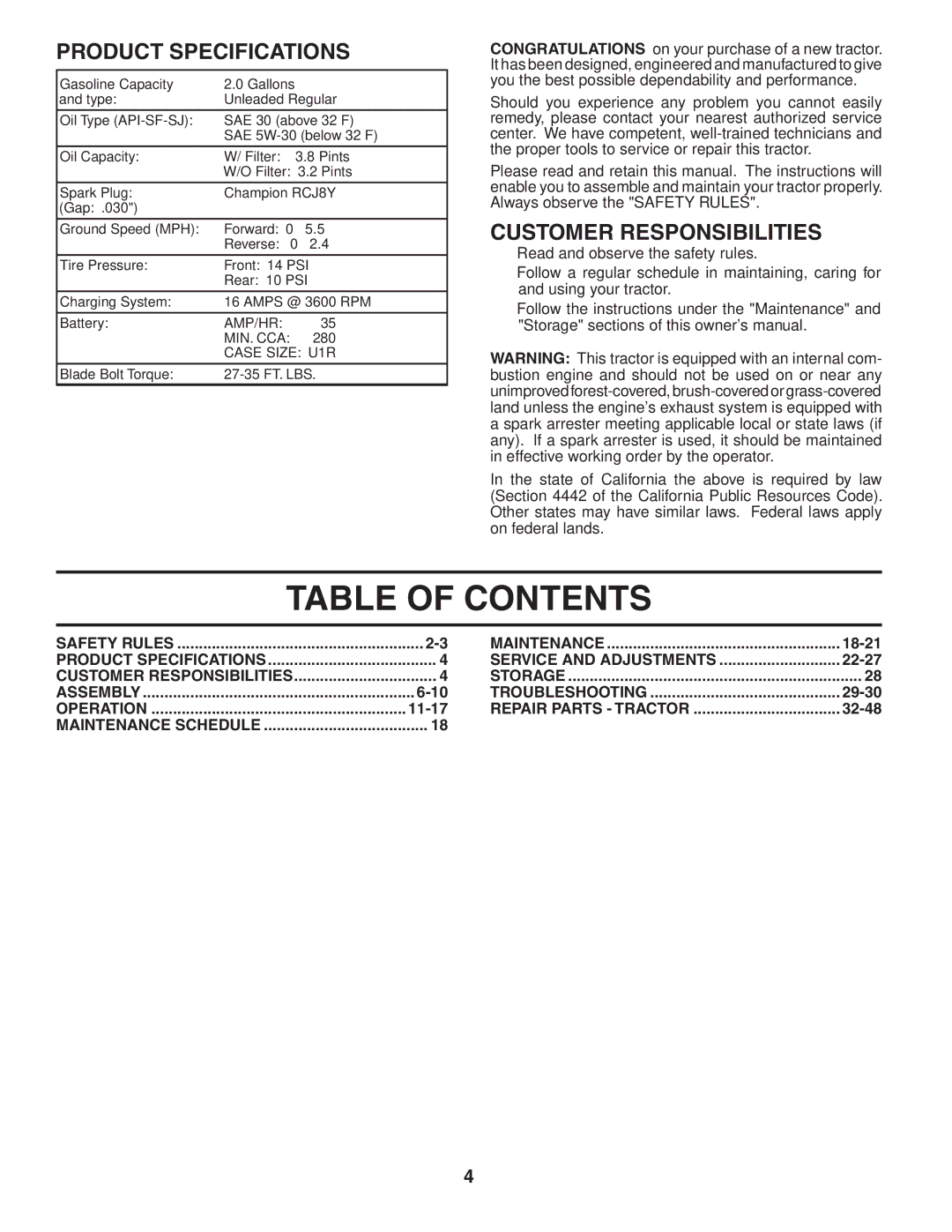 Husqvarna CTH180 XP owner manual Table of Contents 