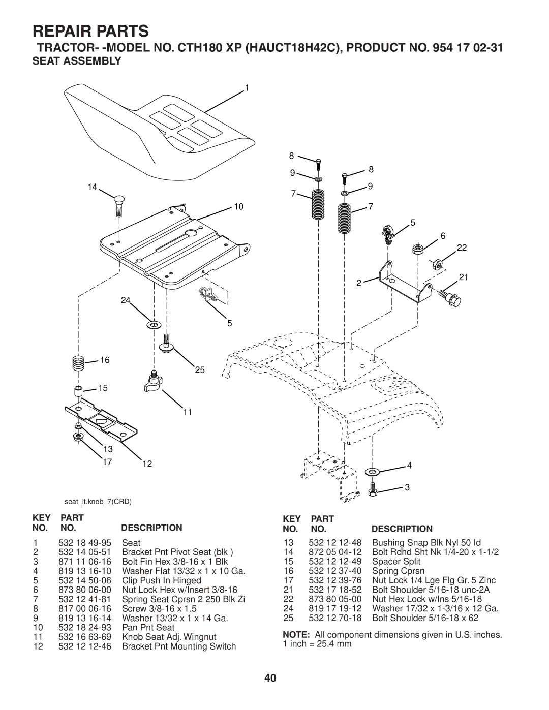 Husqvarna CTH180 XP owner manual Seat Assembly, 532 18 Seat 