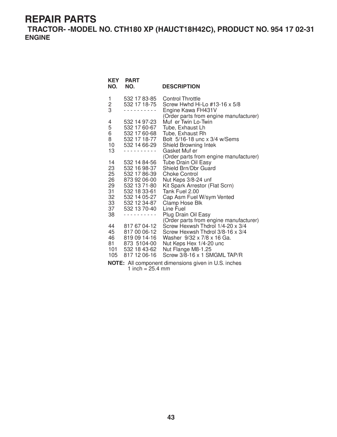 Husqvarna CTH180 XP owner manual 532 17 Control Throttle 