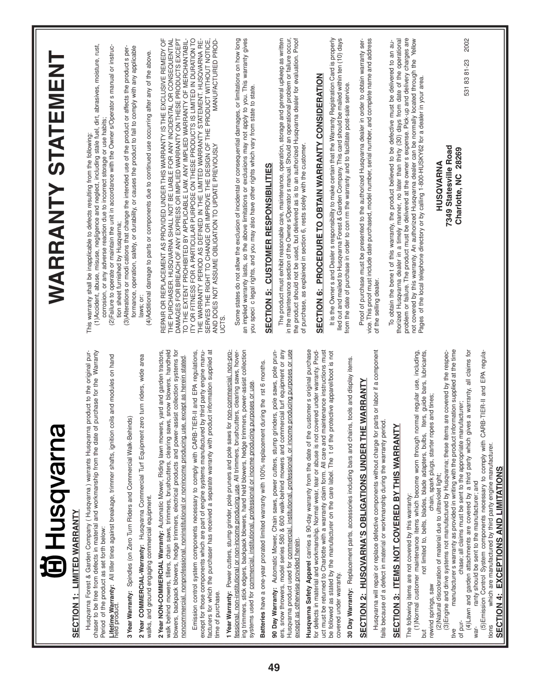 Husqvarna CTH180 XP owner manual Warranty Statement 