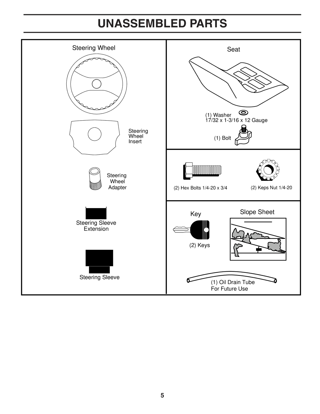 Husqvarna CTH180 XP owner manual Unassembled Parts, Steering Wheel Seat 