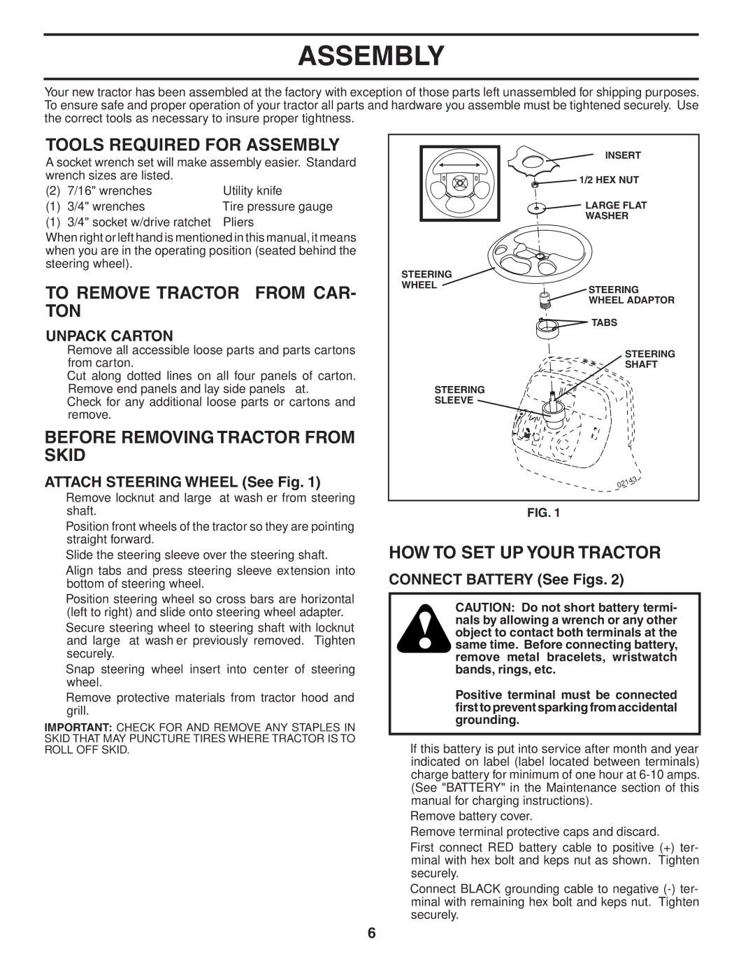 Husqvarna CTH180 XP Tools Required for Assembly, To Remove Tractor from CAR- TON, Before Removing Tractor from Skid 